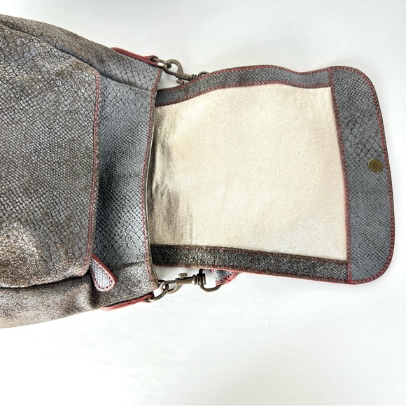 LIEBESKIND Berlin Gray Snake Print Leather Red Stitching Flap Shoulder Bag Tote - Picture 8 of 16